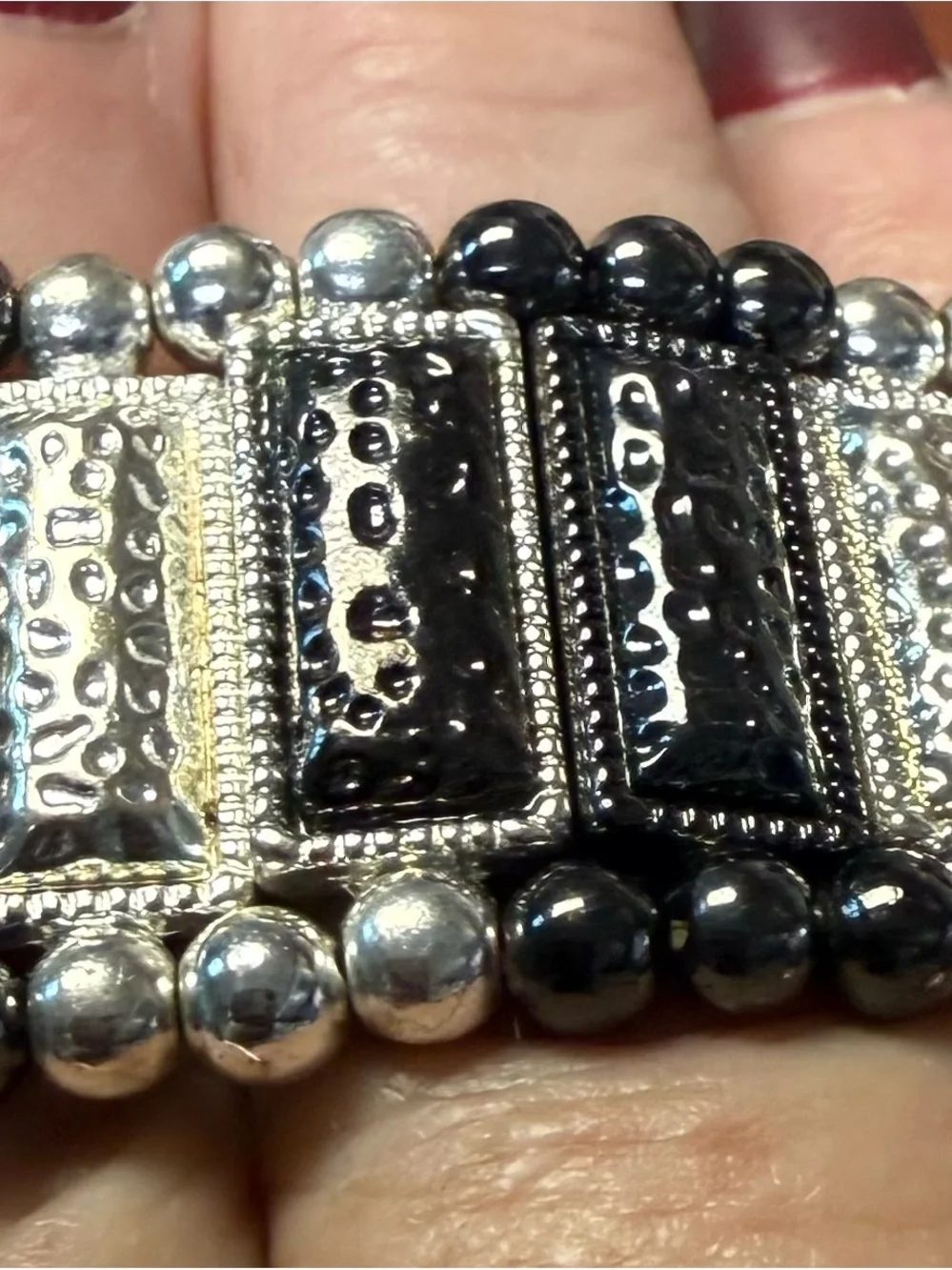 Multi-Strand Black and Silver Beaded Statement Bracelet